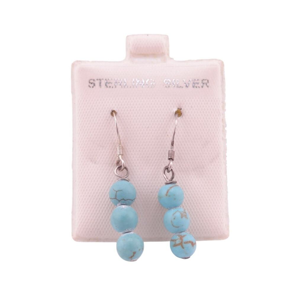 Triple Turquoise Round Beaded Drop Dangle Sterling Silver Hook Earrings NEW